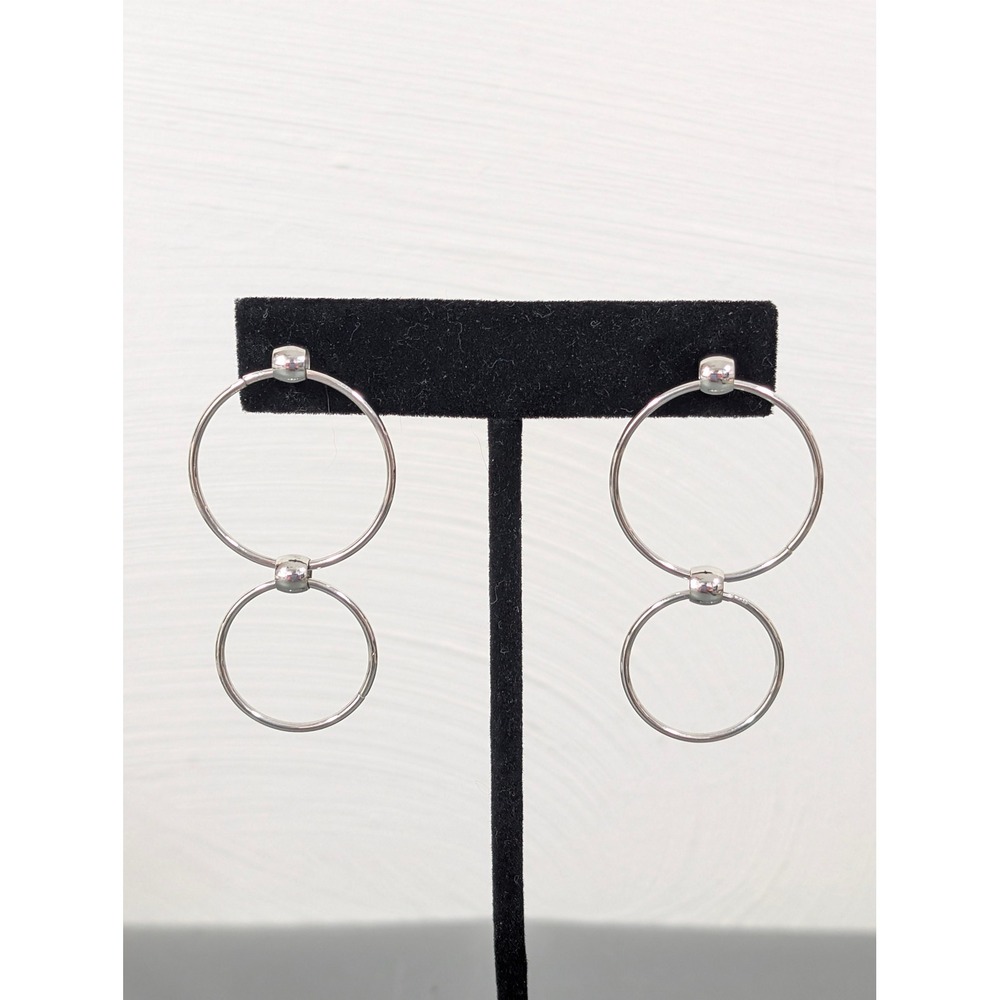 Silver Tone Double Hoop Dangle Earrings Lightweight Modern‎ Minimal